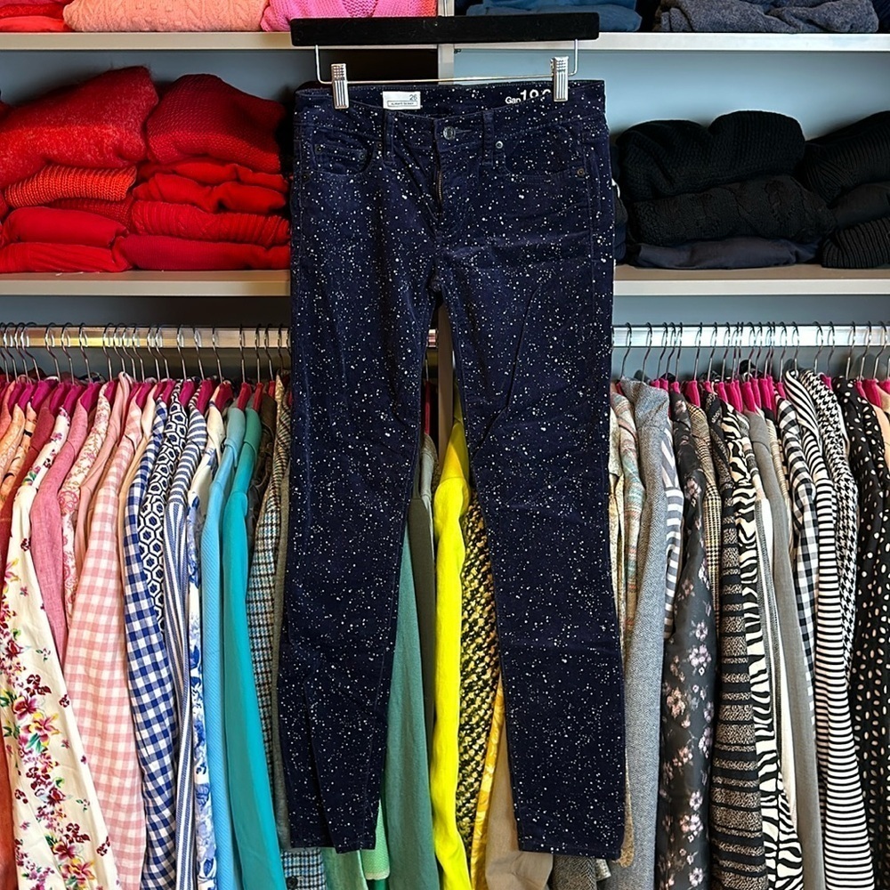 Gap 1969 always skinny blue with white splatter print corduroy pants size 2
